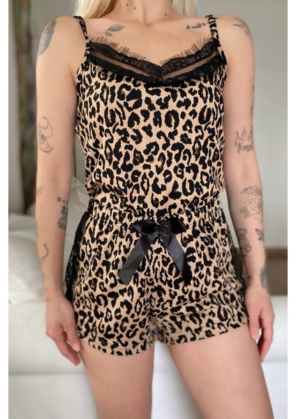 Kahve Leopar Pegasus Dantel Detaylı Ip Askı Şortlu Örme Pijama Takımı