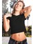 Düz, Baskısız Basic Siyah Kısa, Kesik Crop Top Kadın Tişört 1