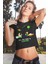 Uzayda Kahve Siyah Kısa, Kesik Crop Top Kadın Tişört 1