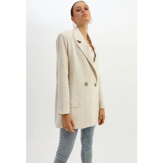 Quzu Keten Blazer Ceket Naturel