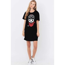 Rock&Roll Siyah Bandanalı Panda Kısa Kollu Penye T-Shirt Elbise