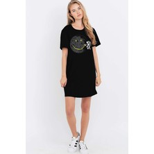 Rock&Roll Siyah Grafitici Astronot Kısa Kollu Penye T-Shirt Elbise