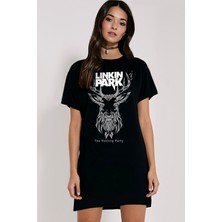 Rock&Roll Siyah Geometrik Geyik Kısa Kollu Penye T-Shirt Elbise
