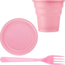 Partimanya Pembe Plastik 16 Kişilik Tabak Bardak Çatal Set