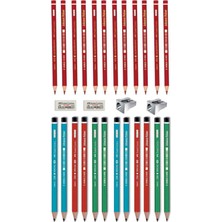 Faber-Castell Kurşun Kalem Mercanlı 12'li + Faber-Castell Kırmızı Kopya Kalemi 12'li Silgi + Kalemtraş