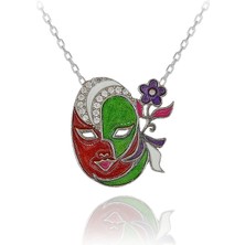 Beyaz Taşlı Renkli Mineli Papatyalı Maske Gümüş Kolye