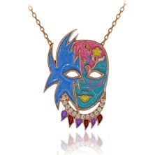 Beyaz Taşlı Mineli Rengarenk Maske Gümüş Kolye