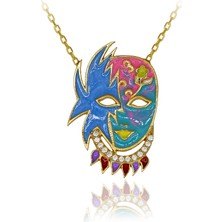 Beyaz Taşlı Mineli Rengarenk Maske Gümüş Kolye