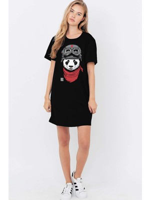 Rock&Roll Siyah Bandanalı Panda Kısa Kollu Penye T-Shirt Elbise
