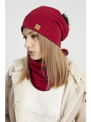 Butikgiz Kadın Genç Kız, Trend Kırmızı Kürk Ponponlu Şapka Bere Boyunluk Takım -Spor, Rahat, Pamuklu, Termal