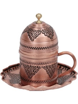 Hasbedesten El Işlemeli Üzüm Motifli Bakır Tekli  Fincan Dalgalı Tabak