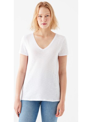Mavi Kadın V Yaka Beyaz Basic Tişört 168260-620