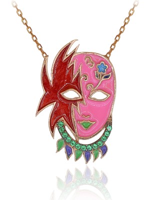 Yeşil Taşlı Mineli Rengarenk Maske Gümüş Kolye