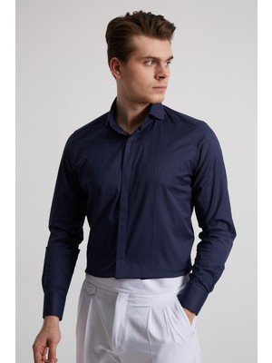 Fc Plus Lacivert Kavisli Tam Italyaka Pamuk Erkek Gömlek - Slım Fıt