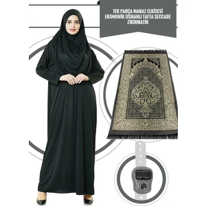 Tek Parça Namaz Elbisesi - Siyah - 5015  ve  Seccade  ve  Zikirmatik - Üçlü Takım