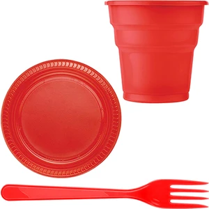 Kırmızı Plastik 16 Kişilik Tabak Bardak Çatal Set