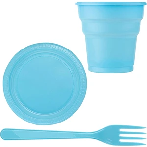 Mavi Plastik 16 Kişilik Tabak Bardak Çatal Set