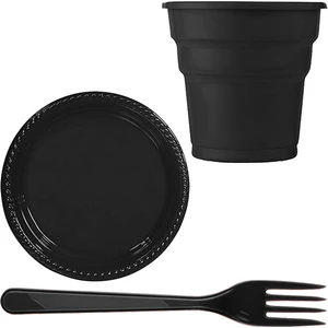Siyah Plastik 16 Kişilik Tabak Bardak Çatal Set