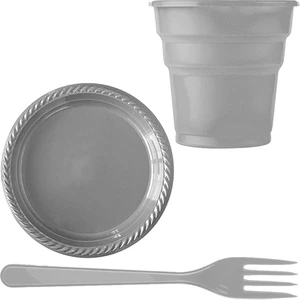 Gümüş Gri Plastik 16 Kişilik Tabak Bardak Çatal Set