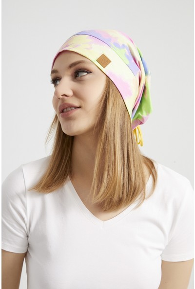 Butikgiz Kadın Batik,gökkuşağı Çokrenkli Ip Detaylı 4 Mevsim Şapka Bere Buff -Ultra Yumuşak Doğal Penye Kumaş
