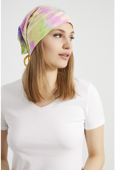 Butikgiz Kadın Batik,gökkuşağı Çokrenkli Ip Detaylı 4 Mevsim Şapka Bere Buff -Ultra Yumuşak Doğal Penye Kumaş