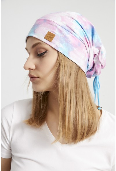 Butikgiz Kadın Batik, Aqua Çok Renkli Ip Detaylı 4 Mevsim Şapka Bere Buff -Ultra Yumuşak Doğal Penye Kumaş