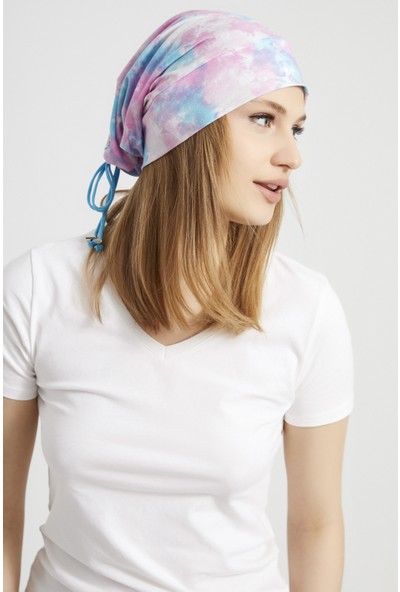 Butikgiz Kadın Batik, Aqua Çok Renkli Ip Detaylı 4 Mevsim Şapka Bere Buff -Ultra Yumuşak Doğal Penye Kumaş