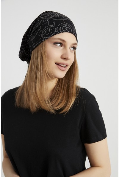 Butikgiz Kadın Siyah, Beyaz Desenli, Ip Detaylı 4 Mevsim Şapka Bere Buff -Ultra Yumuşak Doğal Penye Kumaş