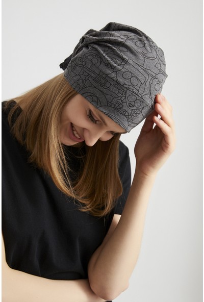 Butikgiz Kadın Füme Ip Detaylı Özel Tasarım 4 Mevsim Şapka Bere Buff -Ultra Yumuşak Doğal Penye Kumaş
