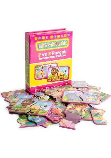 , Hayvanlar Tamamlama Kartları, 2 ve 3 Parçalı, Puzzle Seti, Zeka Kartları