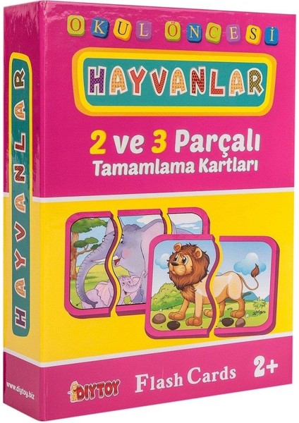 , Hayvanlar Tamamlama Kartları, 2 ve 3 Parçalı, Puzzle Seti, Zeka Kartları