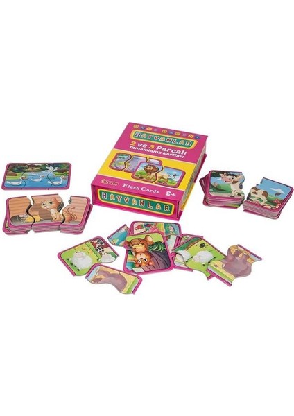 , Hayvanlar Tamamlama Kartları, 2 ve 3 Parçalı, Puzzle Seti, Zeka Kartları