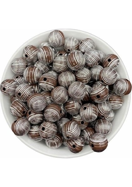 15 mm Gümüş Yaldızlı Kahverengi Boncuk Takı Yapımı 100 gr ~50 Adet Boncuk