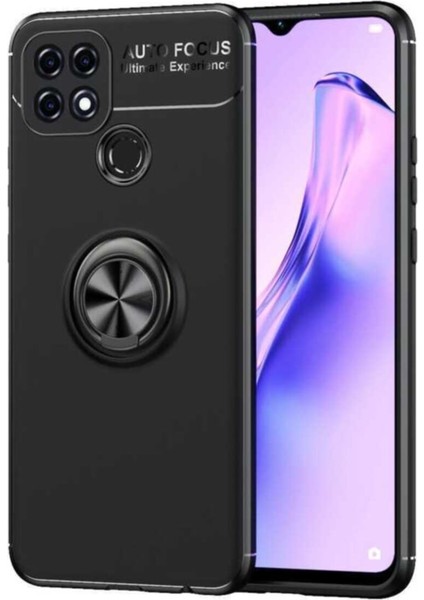 Caseworld Oppo A15 Kılıf Renkli Yüzüklü Manyetik Silikon Kapak Siyah - Siyah