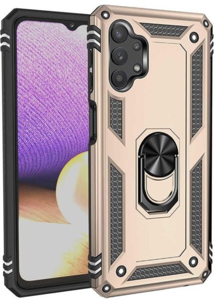 Caseworld Samsung Galaxy A32 Kapak Military Yüzüklü Stantlı Panzer Tank Kılıf - Gold