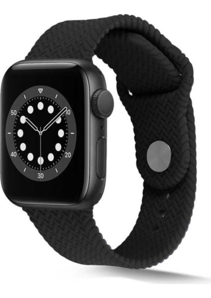 Apple Watch Uyumlu 44MM Hasır Örgü Silikon Kordon - Siyah