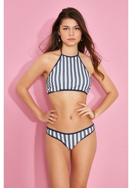 Kadın Varsiti Boyundan Bağlı Halter Bikini Takım 00252 Lacivert