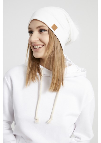 Kadın Genç Kız, Efsane Beyaz Kürk Ponpon Detaylı Şapka Bere -Spor, Rahat, Pamuklu, Termal Kumaş