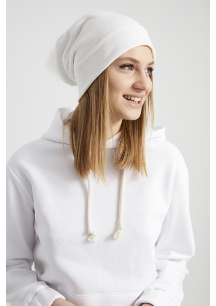 Kadın Genç Kız, Efsane Beyaz Kürk Ponpon Detaylı Şapka Bere -Spor, Rahat, Pamuklu, Termal Kumaş fiyatları