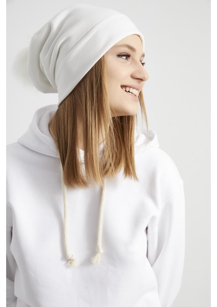 Kadın Genç Kız, Efsane Beyaz Kürk Ponpon Detaylı Şapka Bere -Spor, Rahat, Pamuklu, Termal Kumaş indirimleri