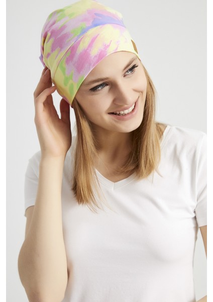 Kadın Batik,gökkuşağı Çokrenkli Ip Detaylı 4 Mevsim Şapka Bere -Ultra Yumuşak Doğal Penye Kumaş