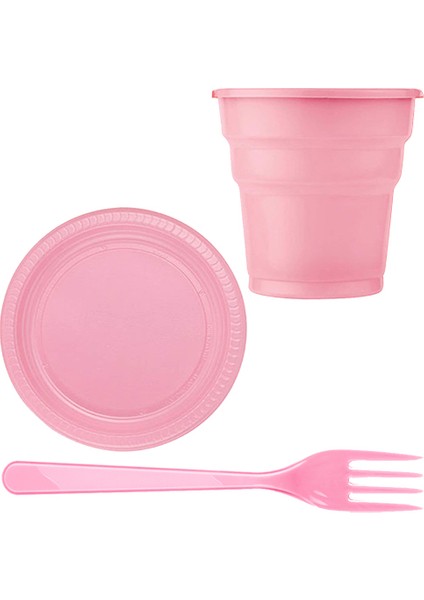 Pembe Plastik 16 Kişilik Tabak Bardak Çatal Set
