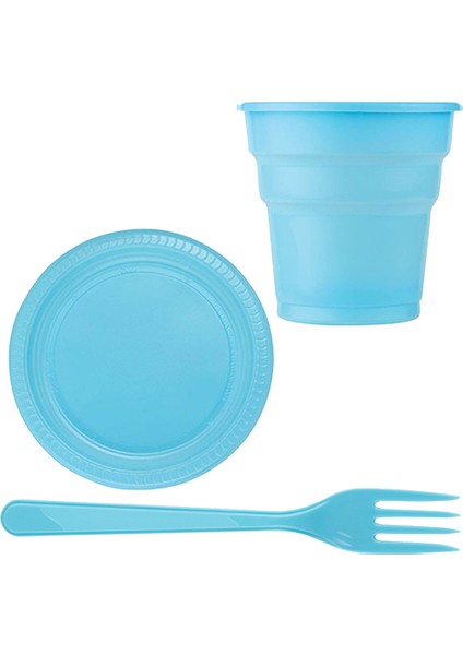 Mavi Plastik 16 Kişilik Tabak Bardak Çatal Set