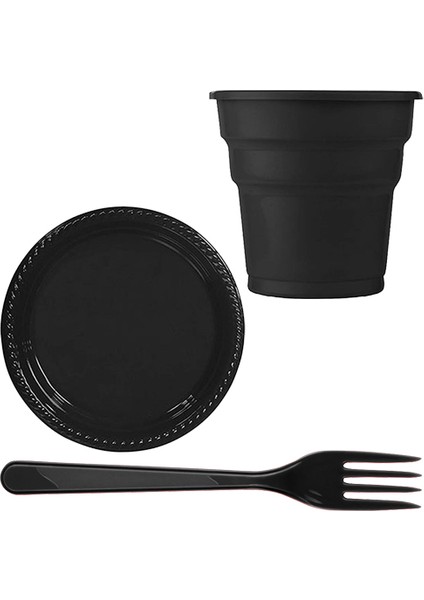 Siyah Plastik 16 Kişilik Tabak Bardak Çatal Set