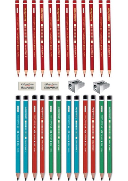 Kurşun Kalem Mercanlı 12'li + Faber-Castell Kırmızı Kopya Kalemi 12'li Silgi + Kalemtraş