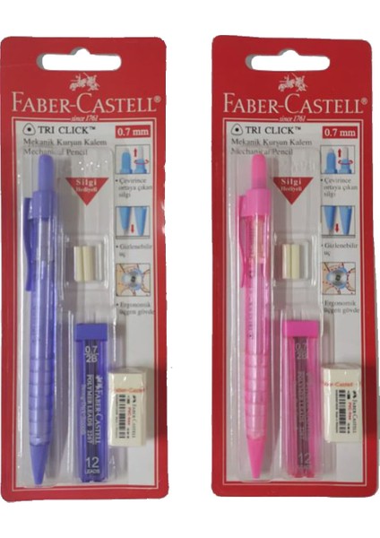 Tri Click Versatil Kalem Pembe - Mor 0.7 mm + Silgili Set 2'li Set