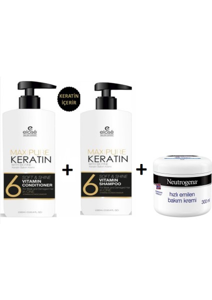 Keratin Saç Bakım Kremi 1000 ml + Keratin Saç Bakım Şampuanı 1000 ml + Hızlı Emilen El ve Yüz Kremi 300 ml Set