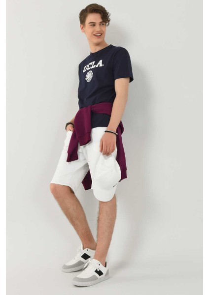 GAYLEY Koyu Lacivert Bisiklet Yaka Baskılı Erkek Tshirt fırsatları