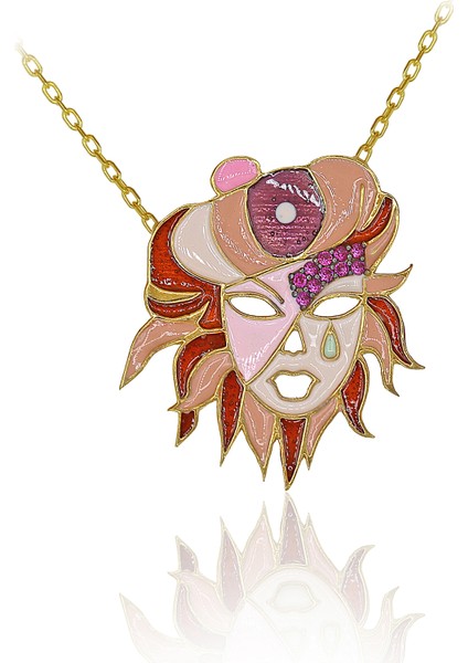 Kırmızı Taşlı Renkli Mineli Kraliyet Maske Gümüş Kolye