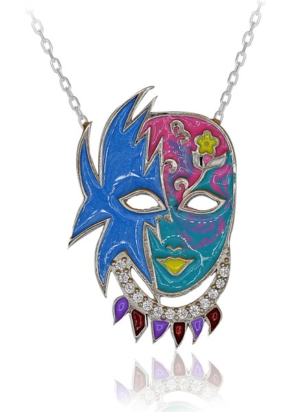 Beyaz Taşlı Mineli Rengarenk Maske Gümüş Kolye